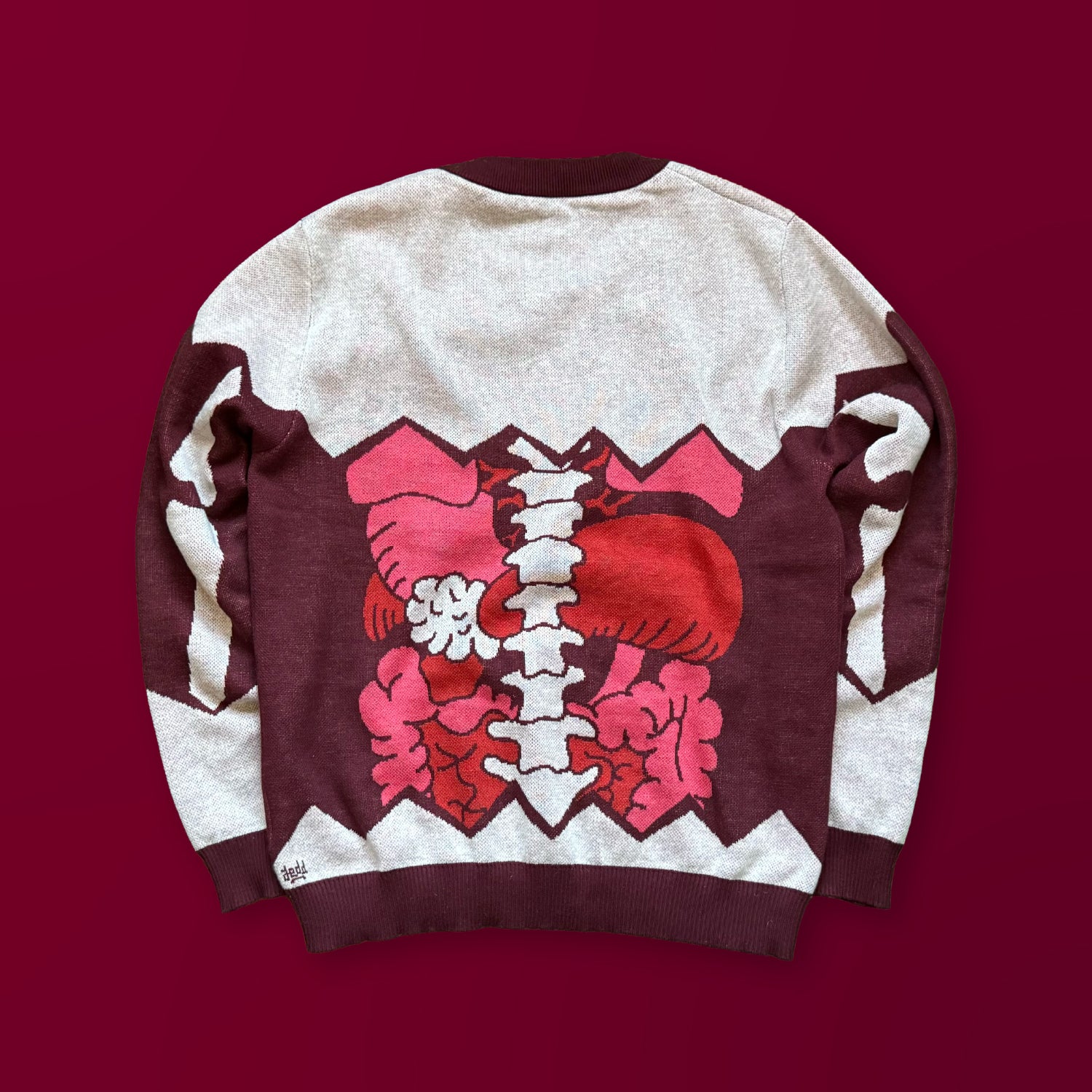 Back view of the I Love Your Guts graphic knit sweater by Jedd — bold artist-made knitwear