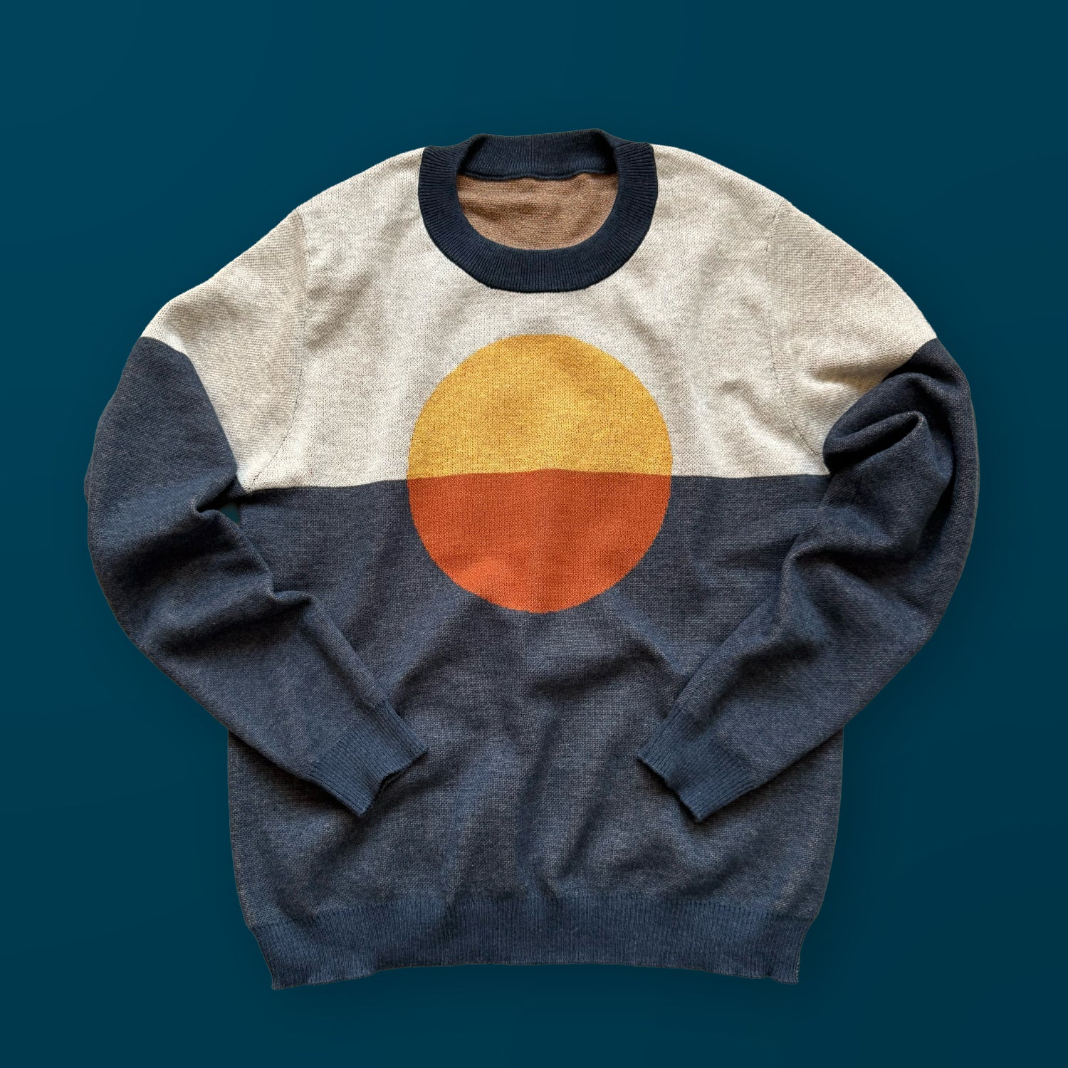 Self Centered graphic knit sweater in navy — bold centered design, artist-made fashion by Jedd