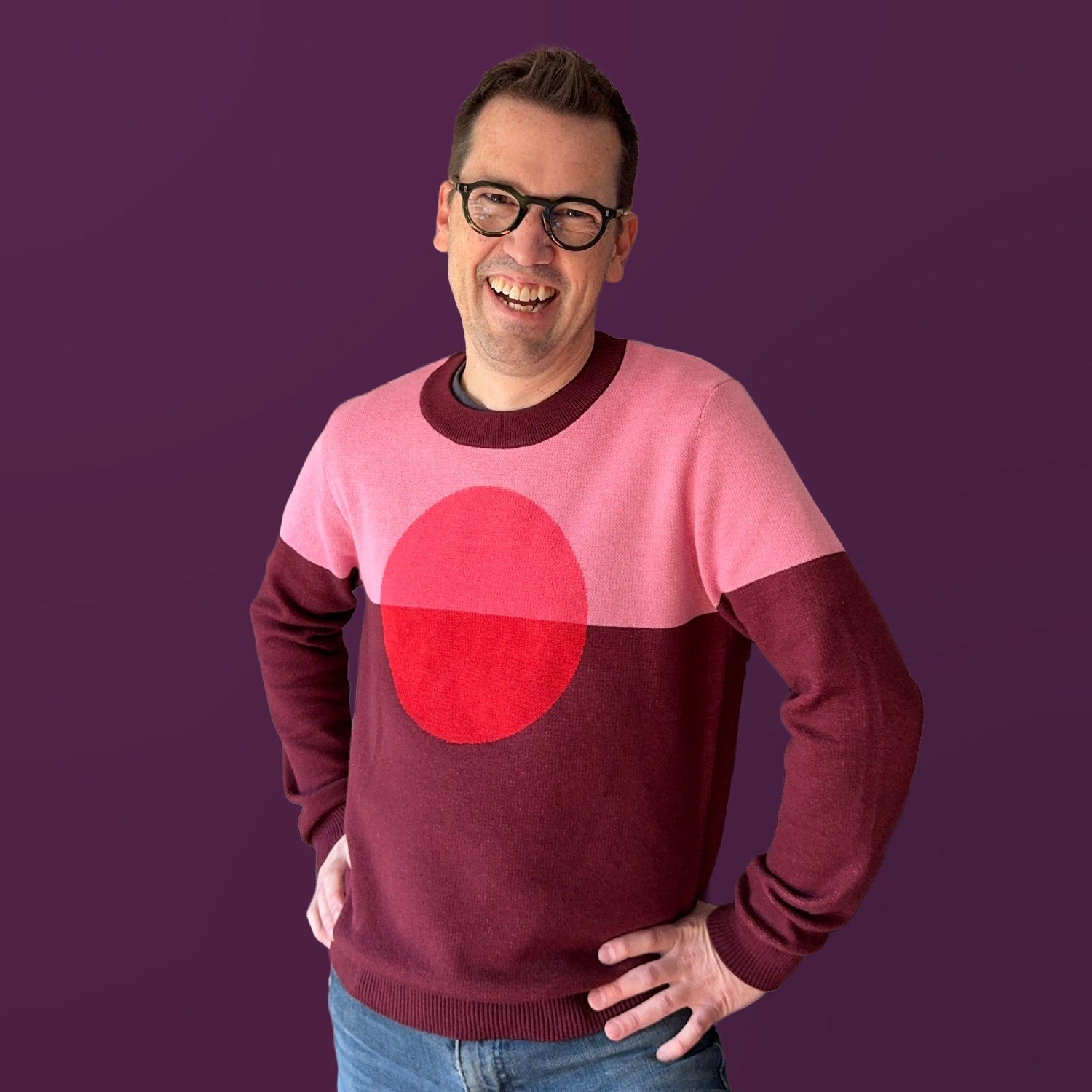 Jedd wearing the Self Centered burgundy graphic knit sweater — original designer fashion, love yourself vibes