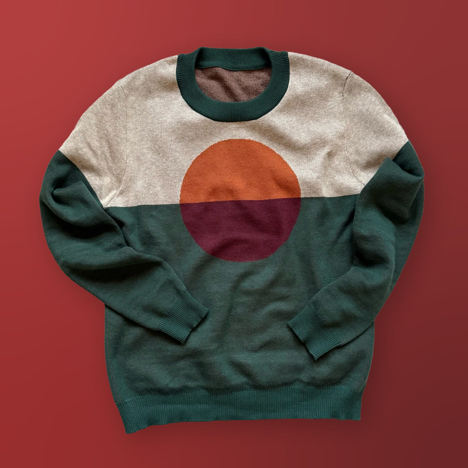 Self Centered graphic knit sweater in forest green — distinctive designer knitwear by Jedd