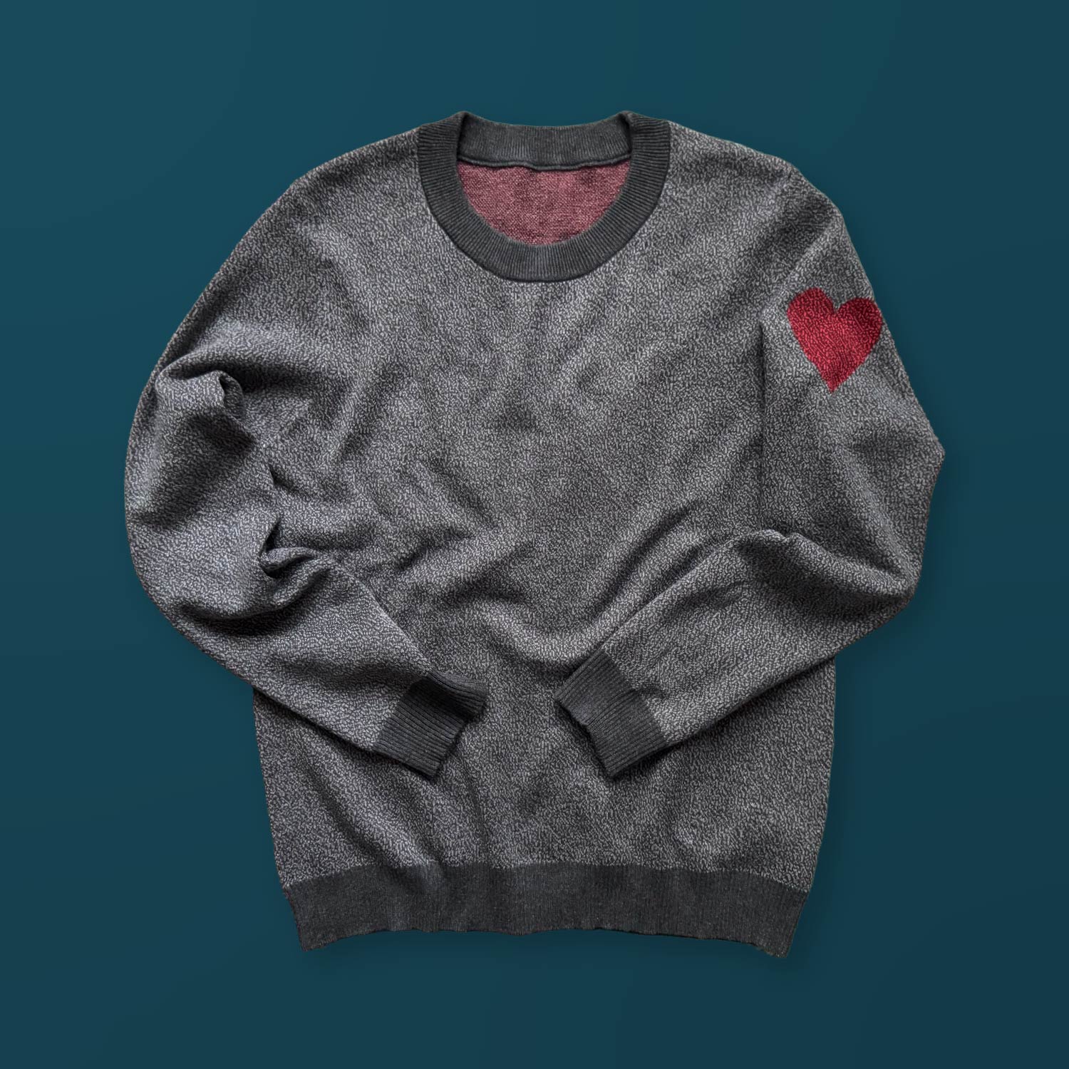 Heart On My Sleeve graphic knit sweater in heather gray — original designer knitwear by Jedd with bold heart accent