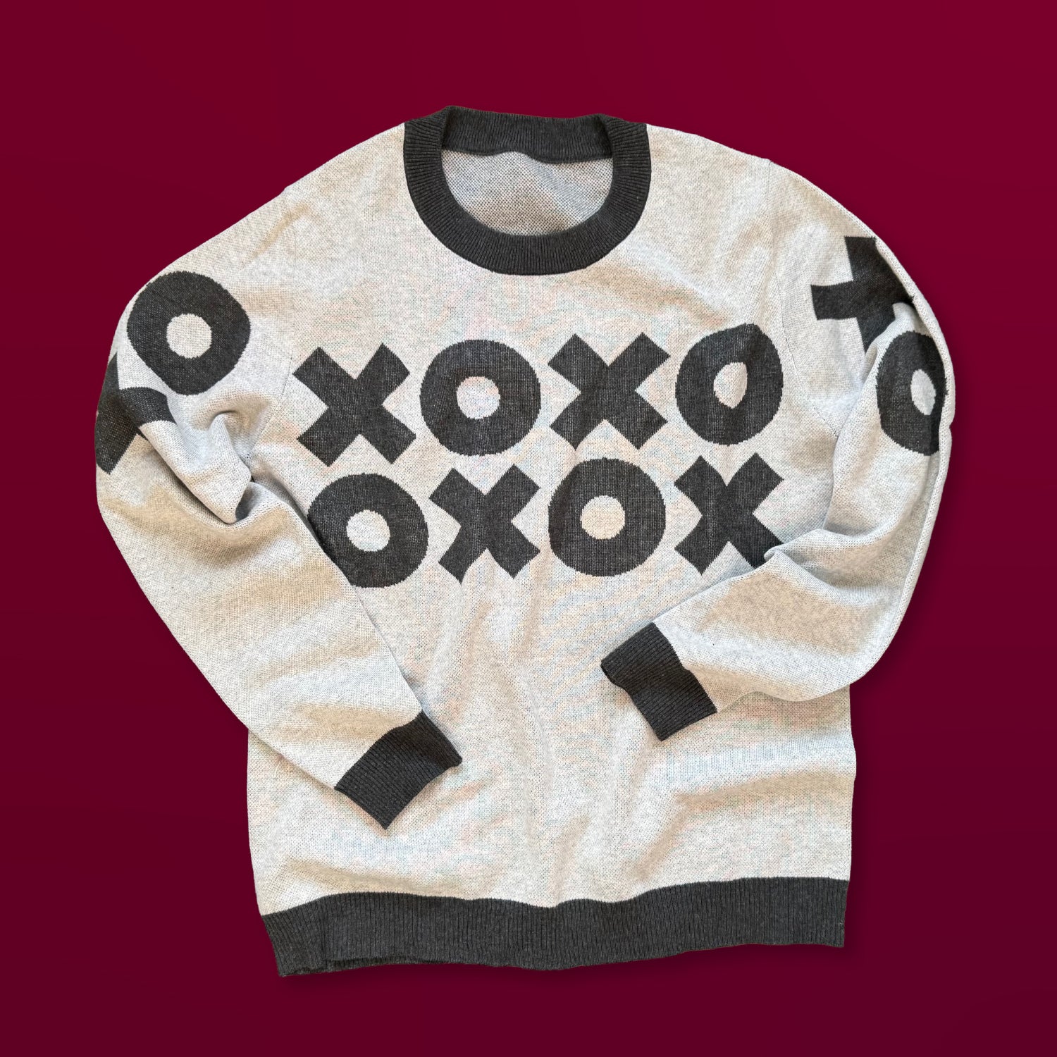 XOXO graphic knit sweater in light gray — cozy knit with bold XOXO design, artist-made fashion by Jedd