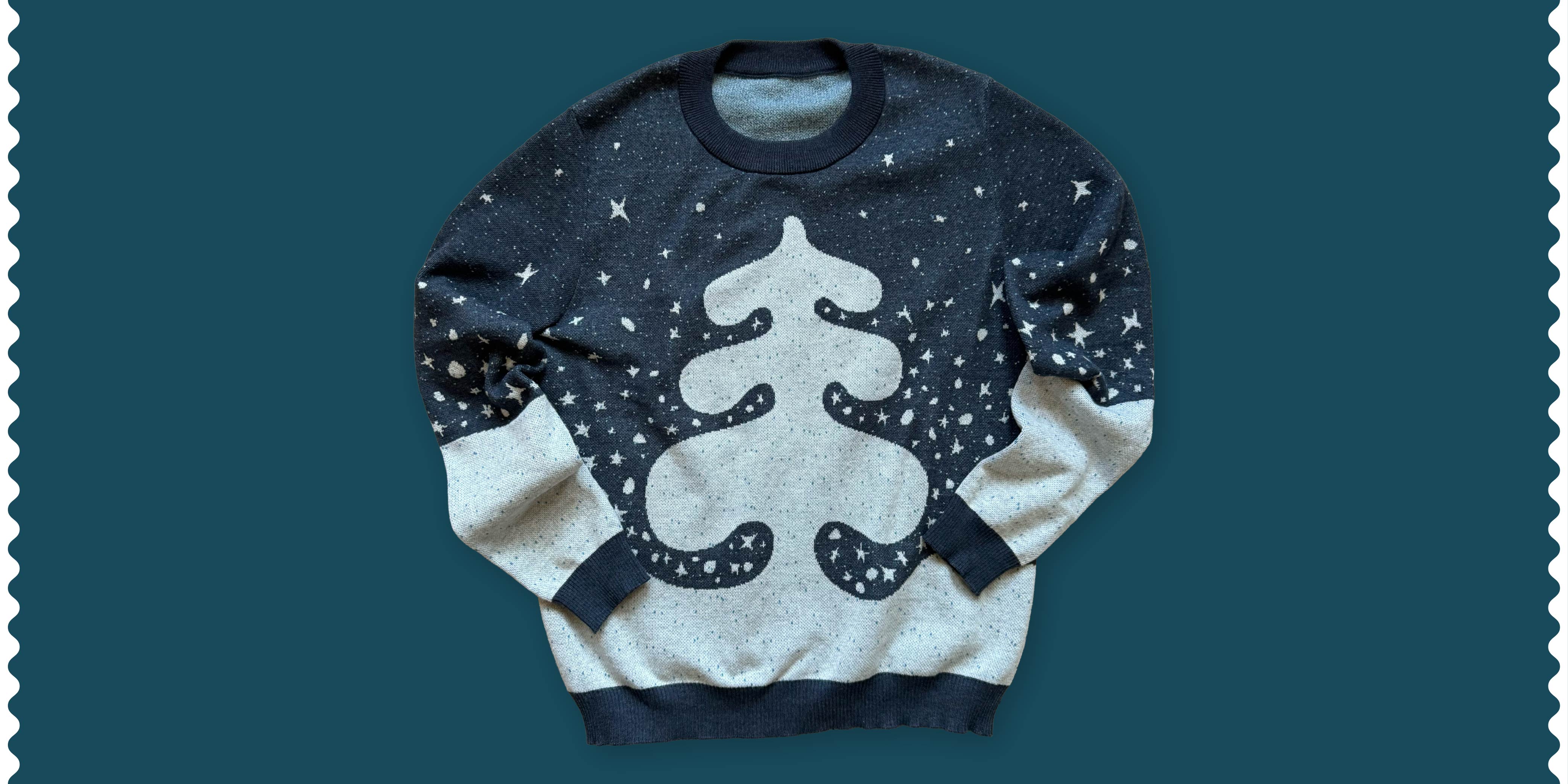 Finished artist-made graphic knit sweater — from Jedd's sketch to your wardrobe