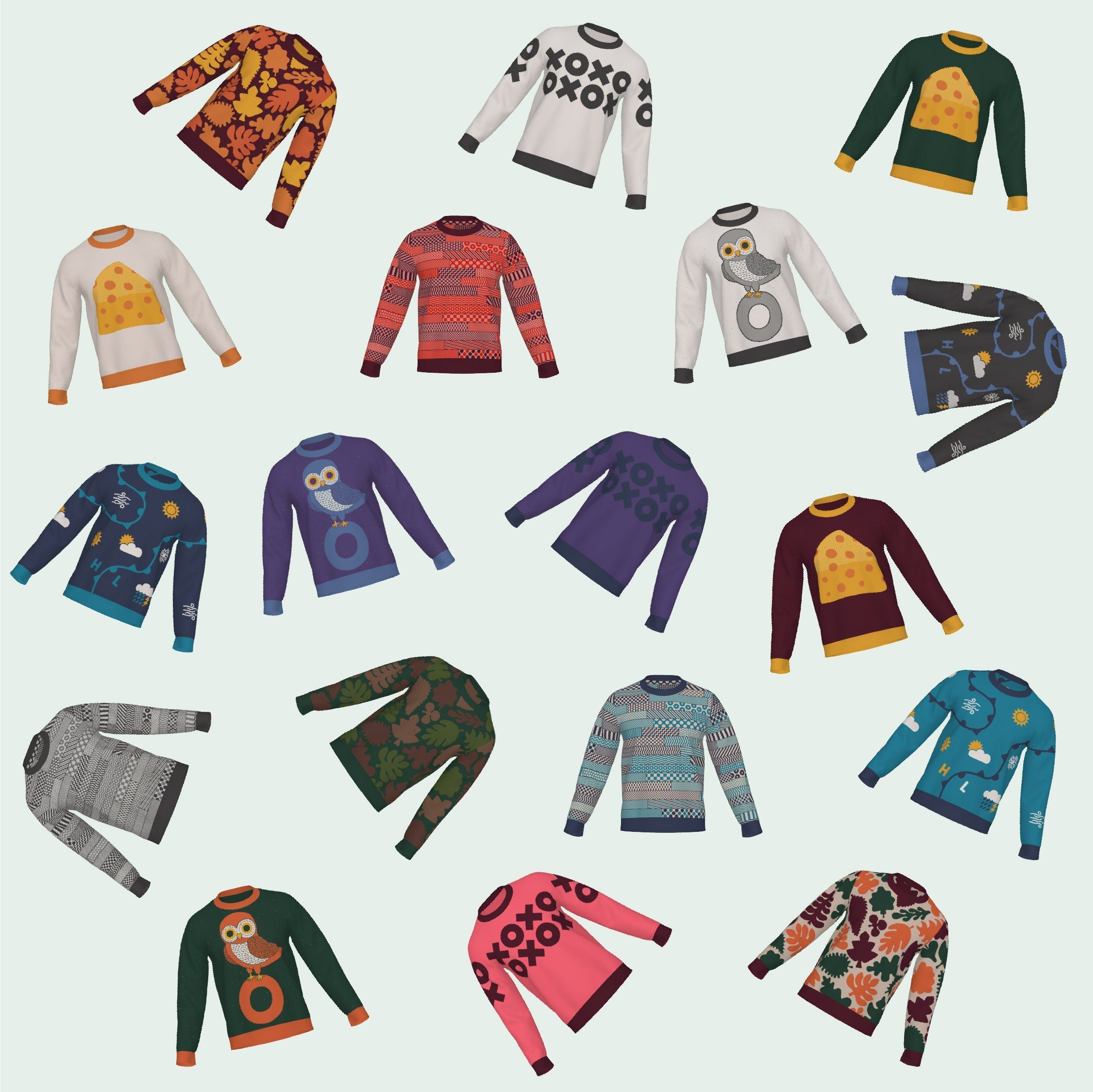 A variety of sweaters zoomed out in a random pattern