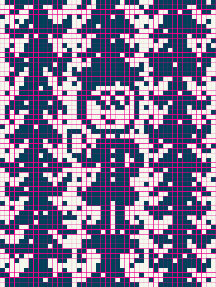 A grid with a knit pattern with trees and and an elf