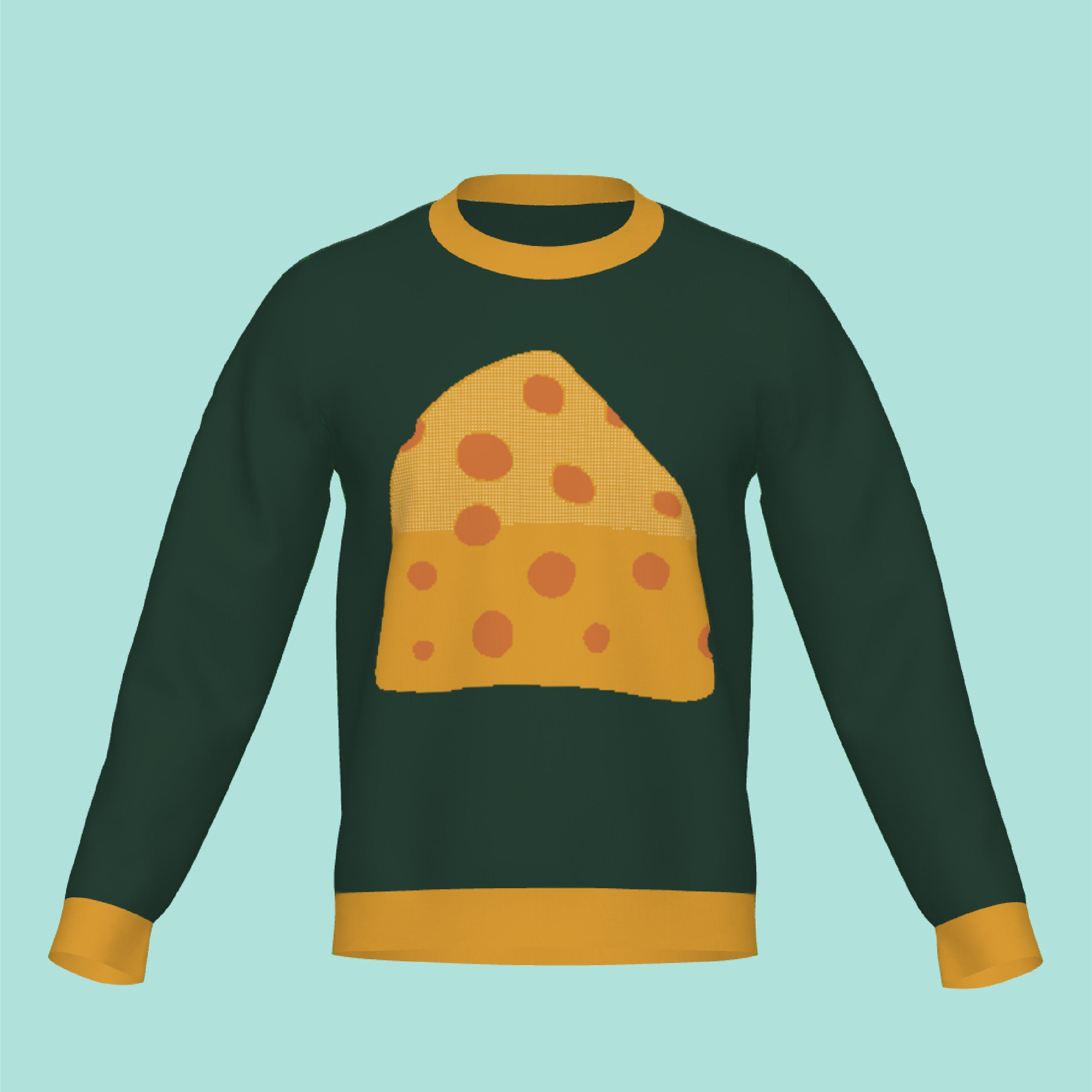A mockup of a green sweater with a block of cheese illustration design.
