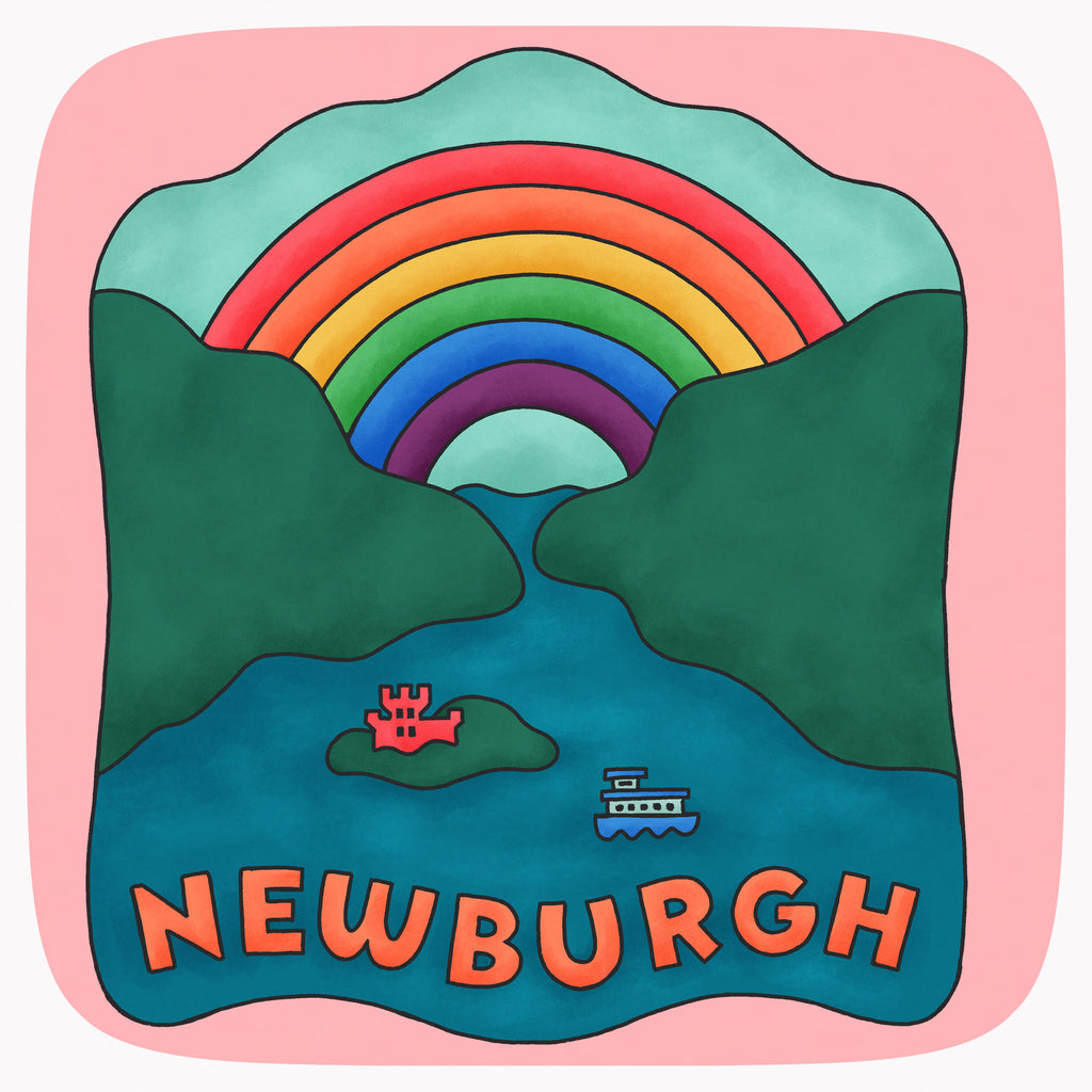 Detail of a pink t-shirt with a large illustrated design showing a river, a ferry, a castle and a rainbow that is labeled Newburgh.
