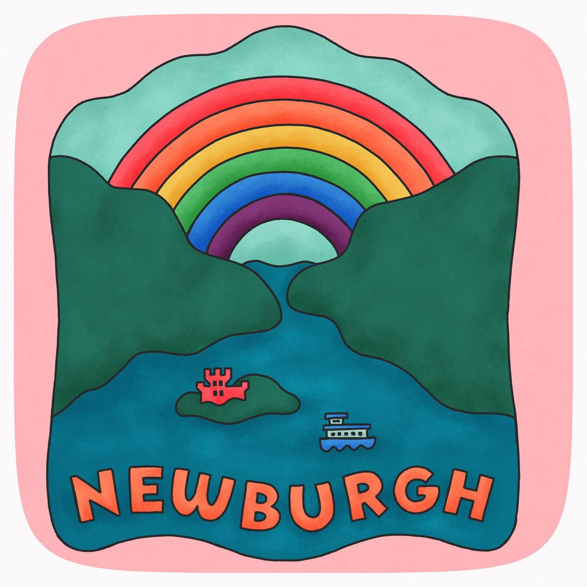 Detail of a pink t-shirt with a large illustrated design showing a river, a ferry, a castle and a rainbow that is labeled Newburgh.