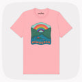 A pink t-shirt with a large illustrated design showing a river, a ferry, a castle and a rainbow that is labeled Newburgh.