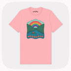 A pink t-shirt with a large illustrated design showing a river, a ferry, a castle and a rainbow that is labeled Newburgh.