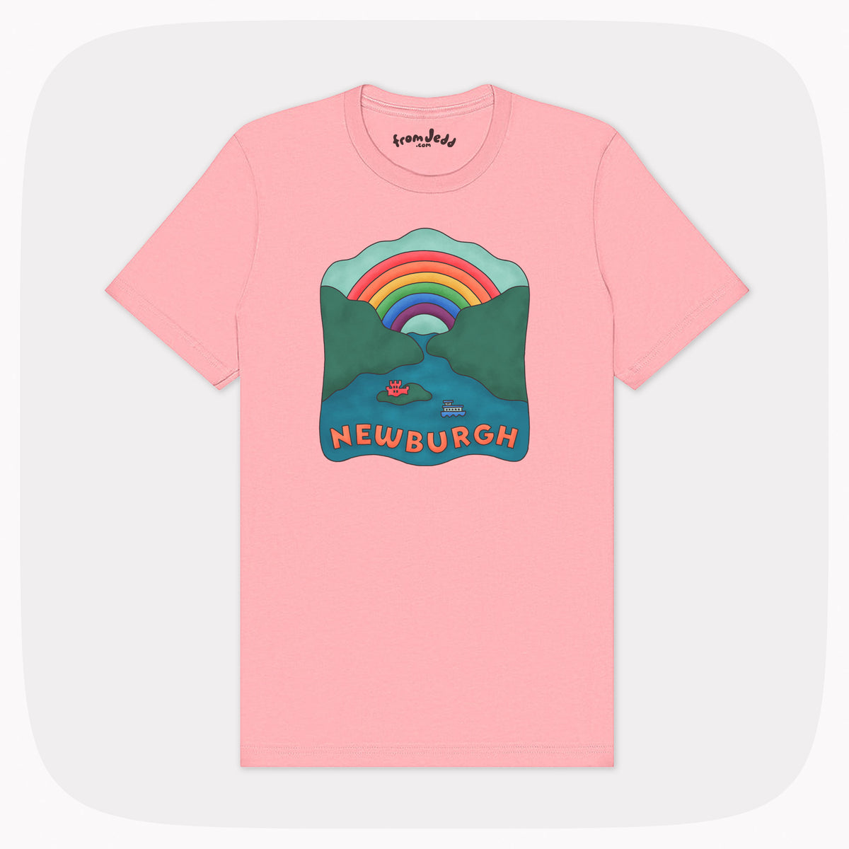 A pink t-shirt with a large illustrated design showing a river, a ferry, a castle and a rainbow that is labeled Newburgh.