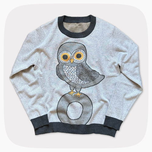 A gray graphic knit sweater with an owl standing on the letter O design.