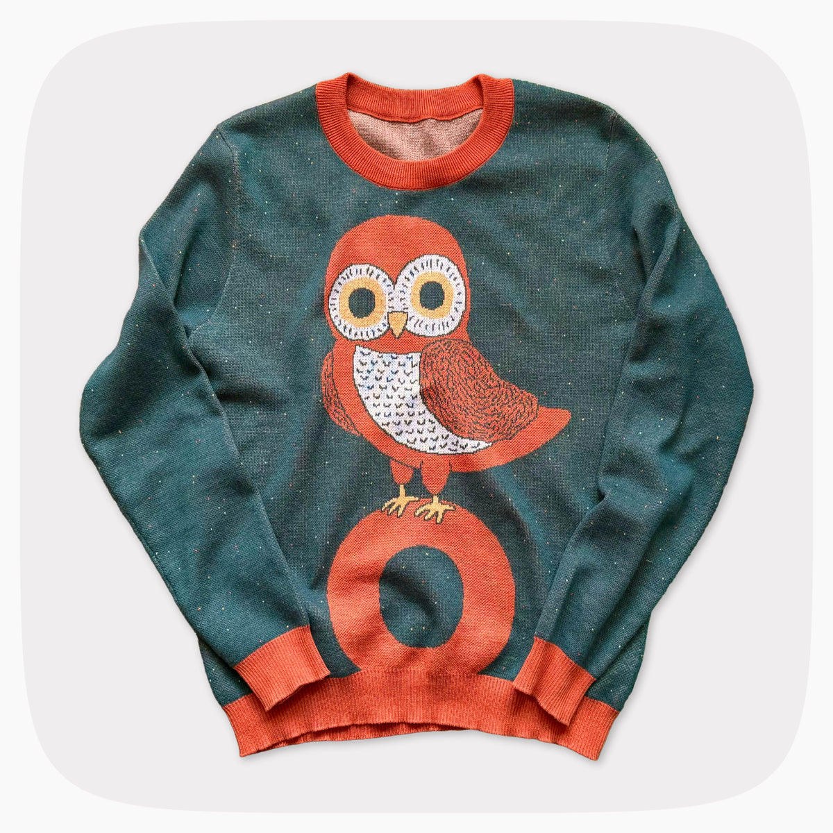 A green graphic knit sweater with an owl standing on the letter O design.