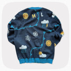 The back of a blue graphic knit sweater with weather forecast shapes like the sunny, clouds, and snowflakes.