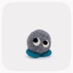 A small gray felted wool plush toy with large black and white eyes and teal feet, centered on a light gray background with rounded corners.