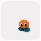 A small felt toy character with a round orange head, large white eyes with black pupils, and two teal-blue feet, centered on a light gray background with rounded corners.