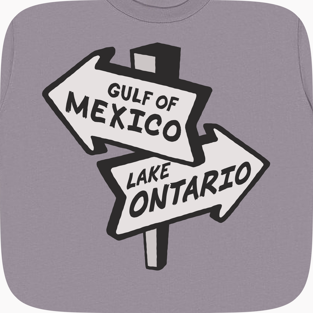 A close-up of a gray t-shirt featuring a graphic print of a split road sign pointing left to 'GULF OF MEXICO' and right to 'LAKE ONTARIO' in black text on white arrow boards.