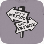 A close-up of a gray t-shirt featuring a graphic print of a split road sign pointing left to 'GULF OF MEXICO' and right to 'LAKE ONTARIO' in black text on white arrow boards.