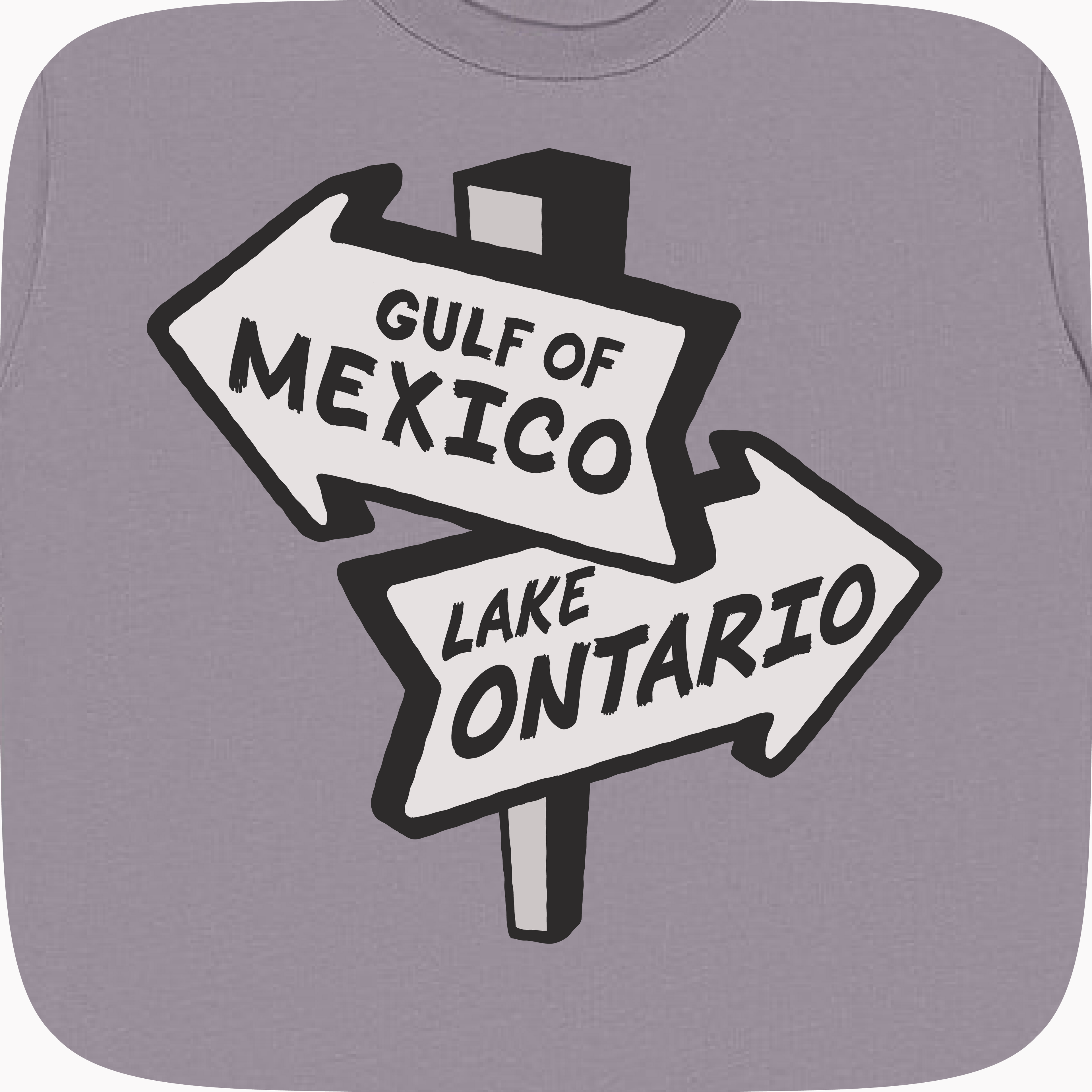 A close-up of a gray t-shirt featuring a graphic print of a split road sign pointing left to 'GULF OF MEXICO' and right to 'LAKE ONTARIO' in black text on white arrow boards.
