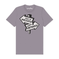 A light purple-gray crewneck t-shirt featuring a graphic of a road sign pointing to 'GULF OF MEXICO' and 'LAKE ONTARIO' in white and black.