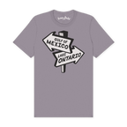 A light purple-gray crewneck t-shirt featuring a graphic of a road sign pointing to 'GULF OF MEXICO' and 'LAKE ONTARIO' in white and black.