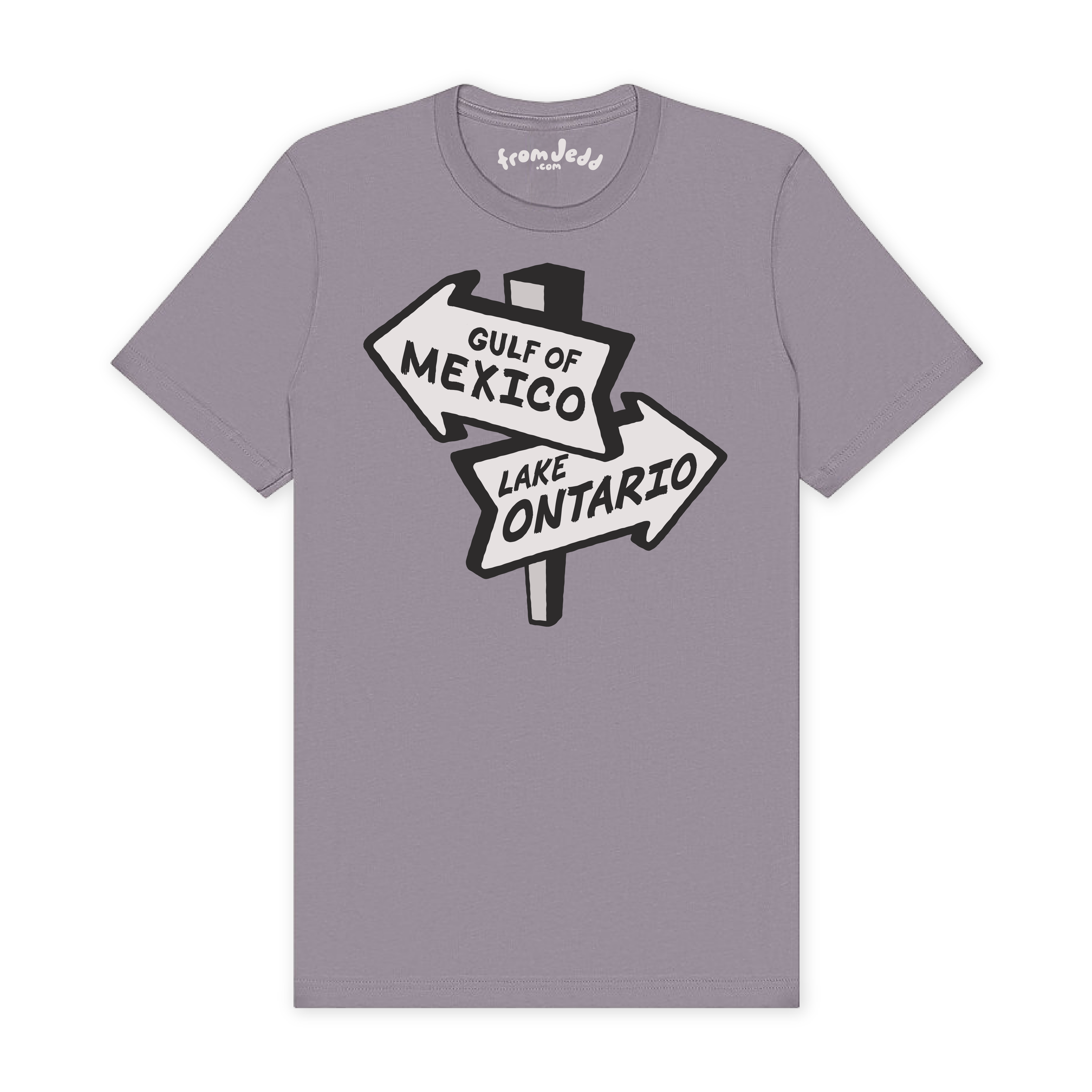 A light purple-gray crewneck t-shirt featuring a graphic of a road sign pointing to 'GULF OF MEXICO' and 'LAKE ONTARIO' in white and black.
