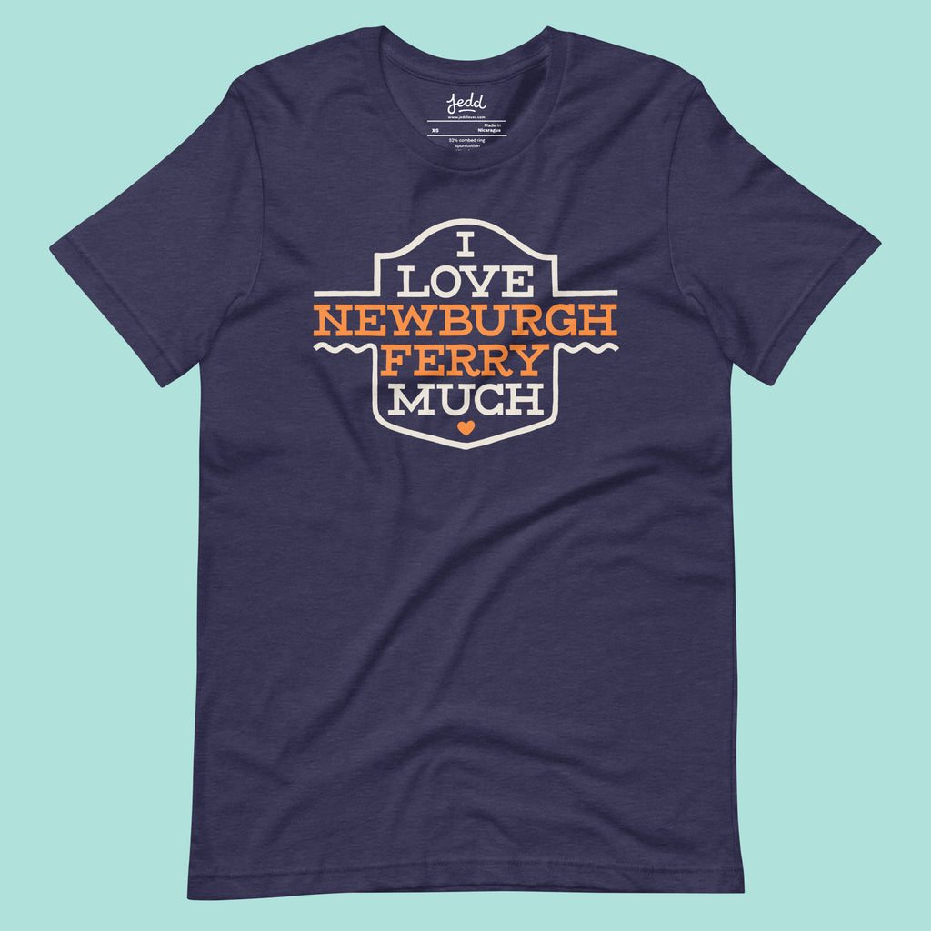 Navy blue t-shirt with 'I Love Newburgh Ferry Much' text on a light blue background