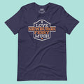Navy blue t-shirt with 'I Love Newburgh Ferry Much' text on a light blue background