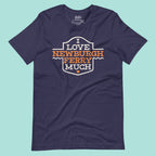 Navy blue t-shirt with 'I Love Newburgh Ferry Much' text on a light blue background