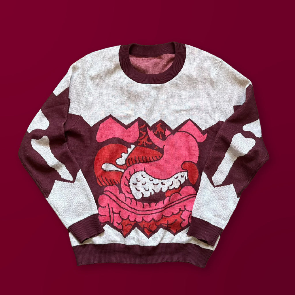 I Love Your Guts graphic knit sweater — artist-designed anatomical heart knitwear by Jedd, standout designer fashion