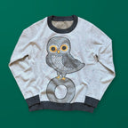 Owl on a Vowel graphic knit sweater in light gray — cute owl design knitted by artist Jedd