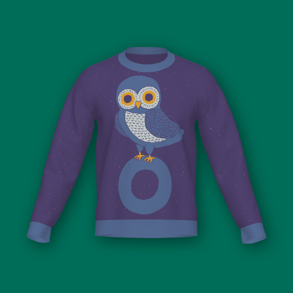 Owl on a Vowel graphic knit sweater in deep purple — bold owl design, designer fashion by Jedd
