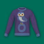 Owl on a Vowel graphic knit sweater in deep purple — bold owl design, designer fashion by Jedd