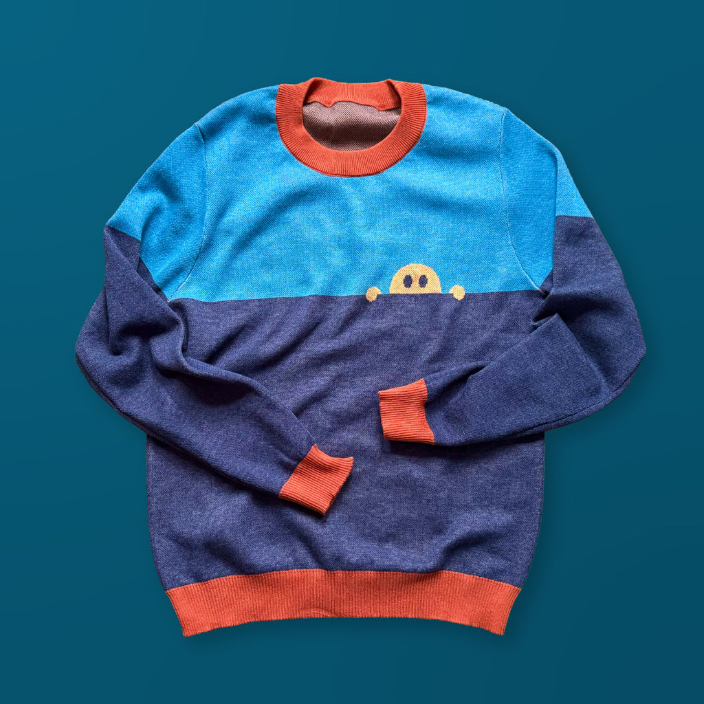 Hey Neighbor graphic knit sweater in blue — artist-designed neighborhood-inspired knitwear by Jedd, designer fashion