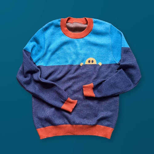Hey Neighbor graphic knit sweater in blue — artist-designed neighborhood-inspired knitwear by Jedd, designer fashion