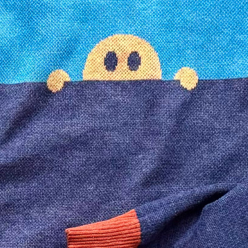 Hey Neighbor graphic knit sweater detail — cozy neighborhood knit design, artist-made fashion by Jedd