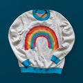 Over the Rainbow graphic knit sweater — artist-designed colorful rainbow knitwear by Jedd, vibrant designer fashion