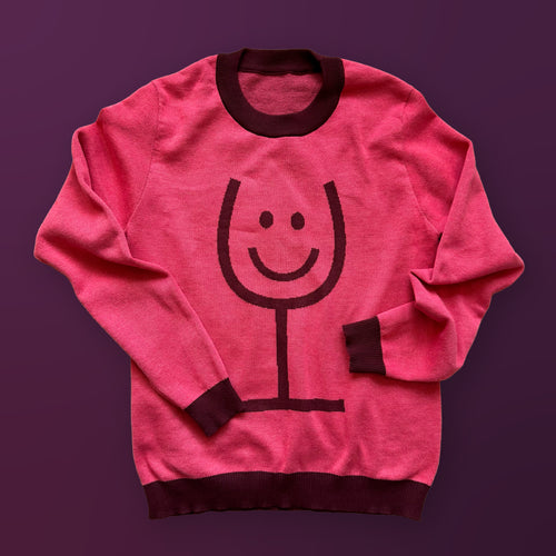 Happy Wine graphic knit sweater in pink — artist-designed wine glass knitwear by Jedd, distinctive designer fashion gift