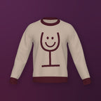 Beige sweater with a smiley face wine glass design on a purple background