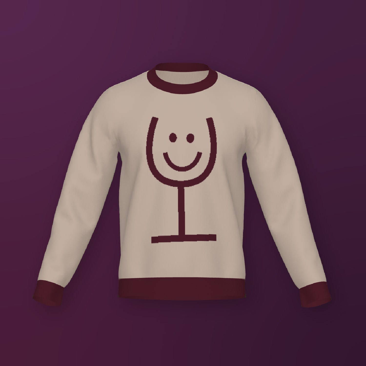 Beige sweater with a smiley face wine glass design on a purple background