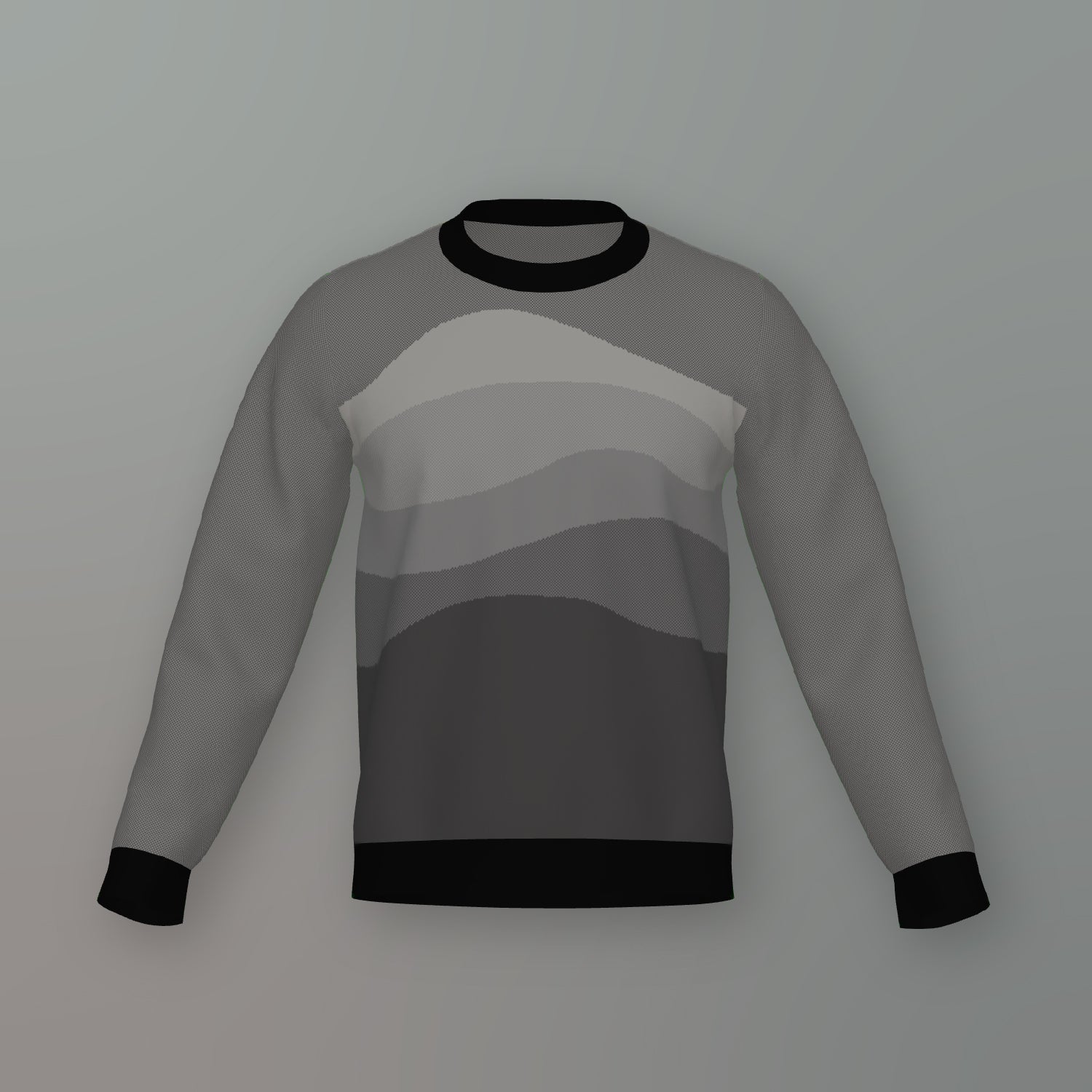 Horizons graphic knit sweater in grayscale — classic black and white landscape design, designer fashion by Jedd