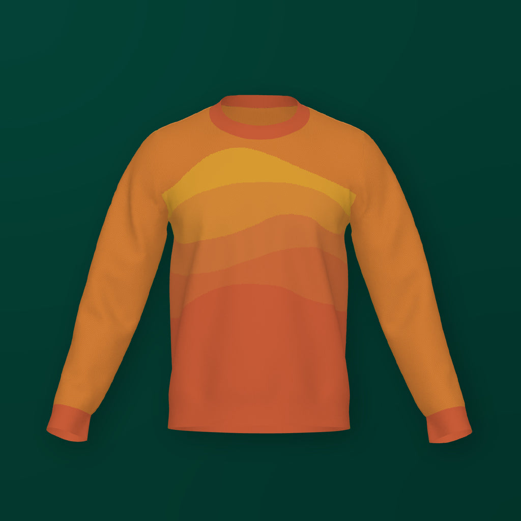 Horizons graphic knit sweater in orange — warm layered horizon design, artist-made knitwear by Jedd