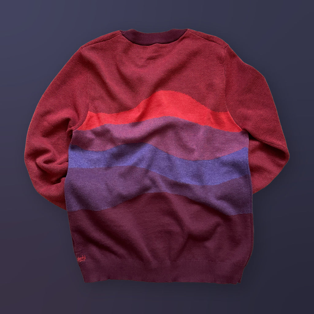 Back of the Horizons red graphic knit sweater by Jedd — distinctive artist-made landscape knitwear