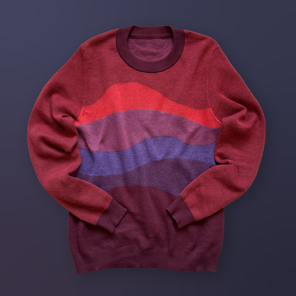 Horizons graphic knit sweater in red — bold layered landscape knit design, artist-made fashion by Jedd