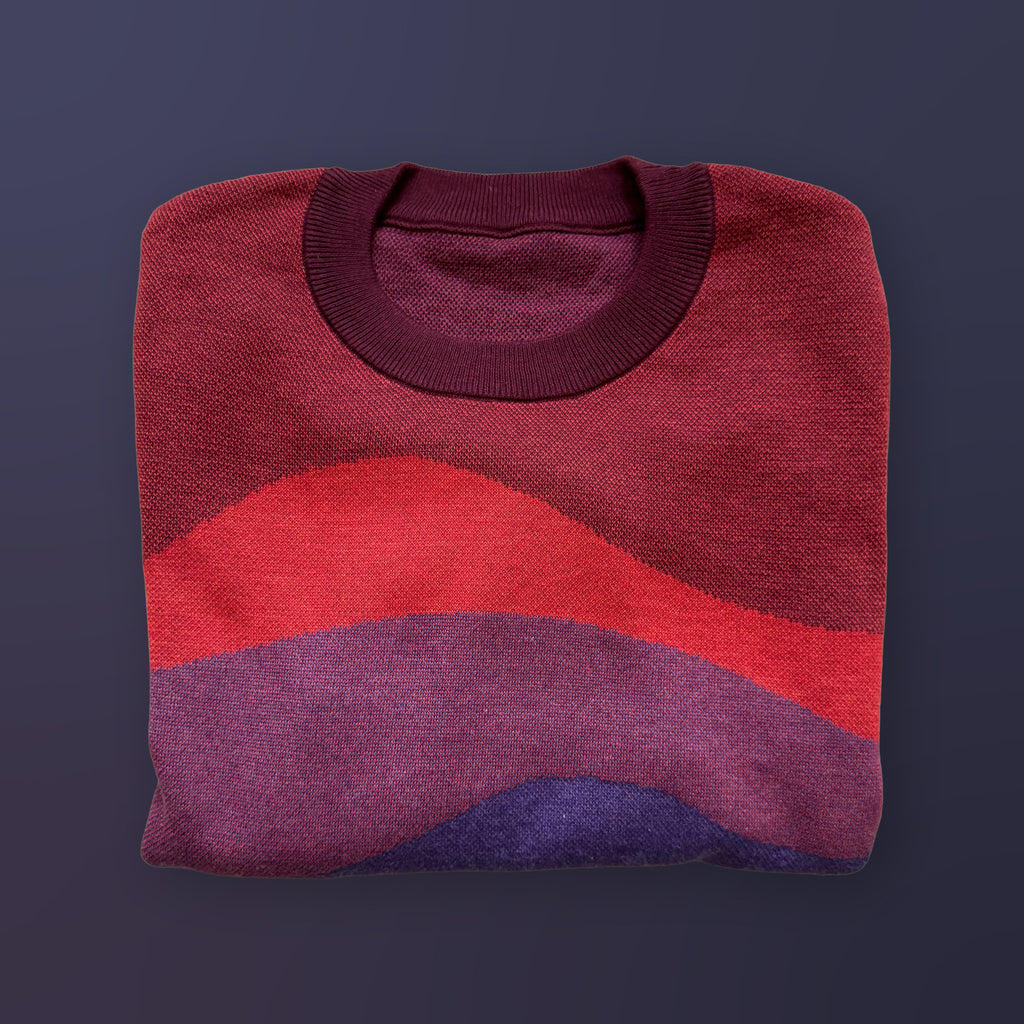 Folded Horizons red graphic knit sweater by Jedd — artist-made designer knitwear