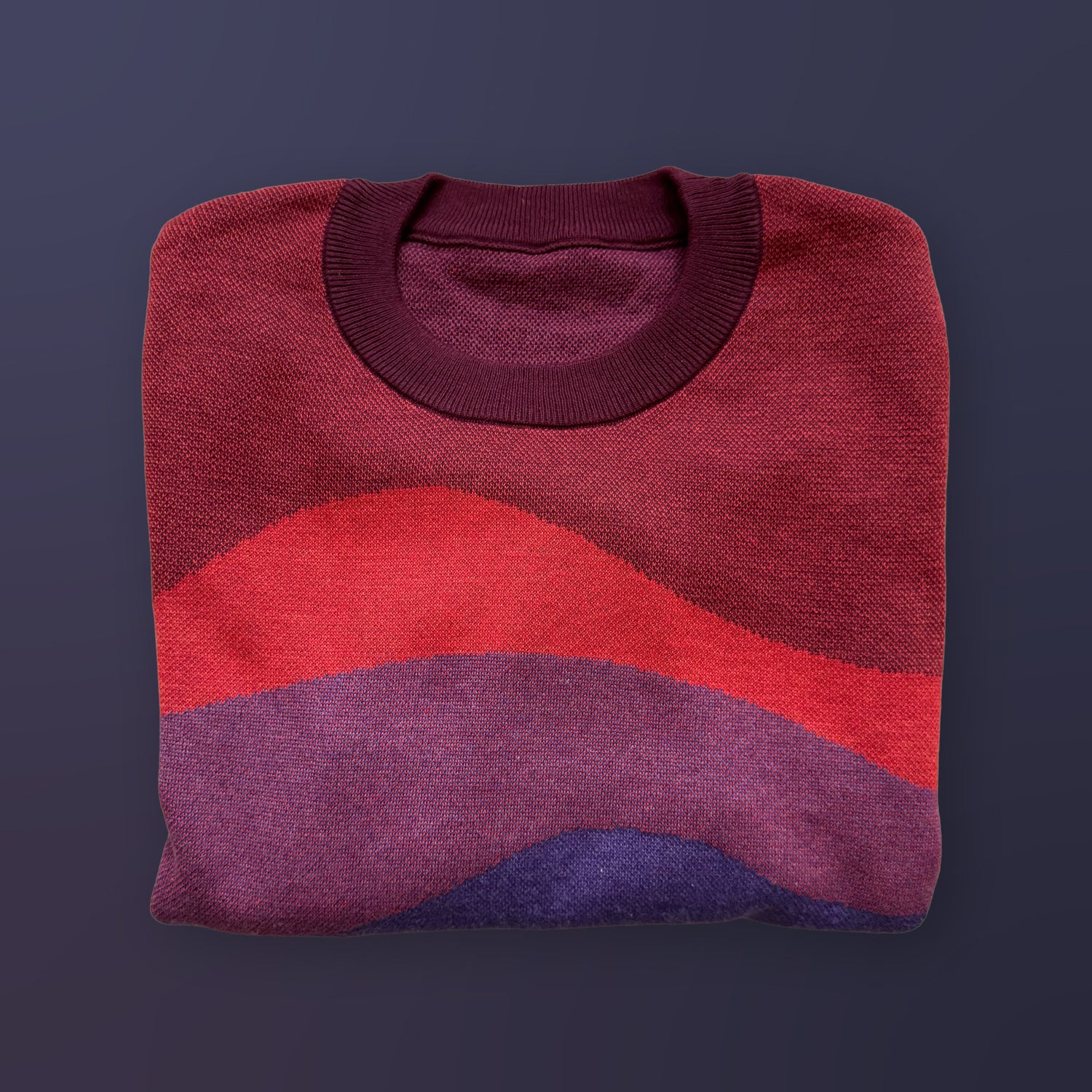Folded Horizons red graphic knit sweater by Jedd — artist-made designer knitwear