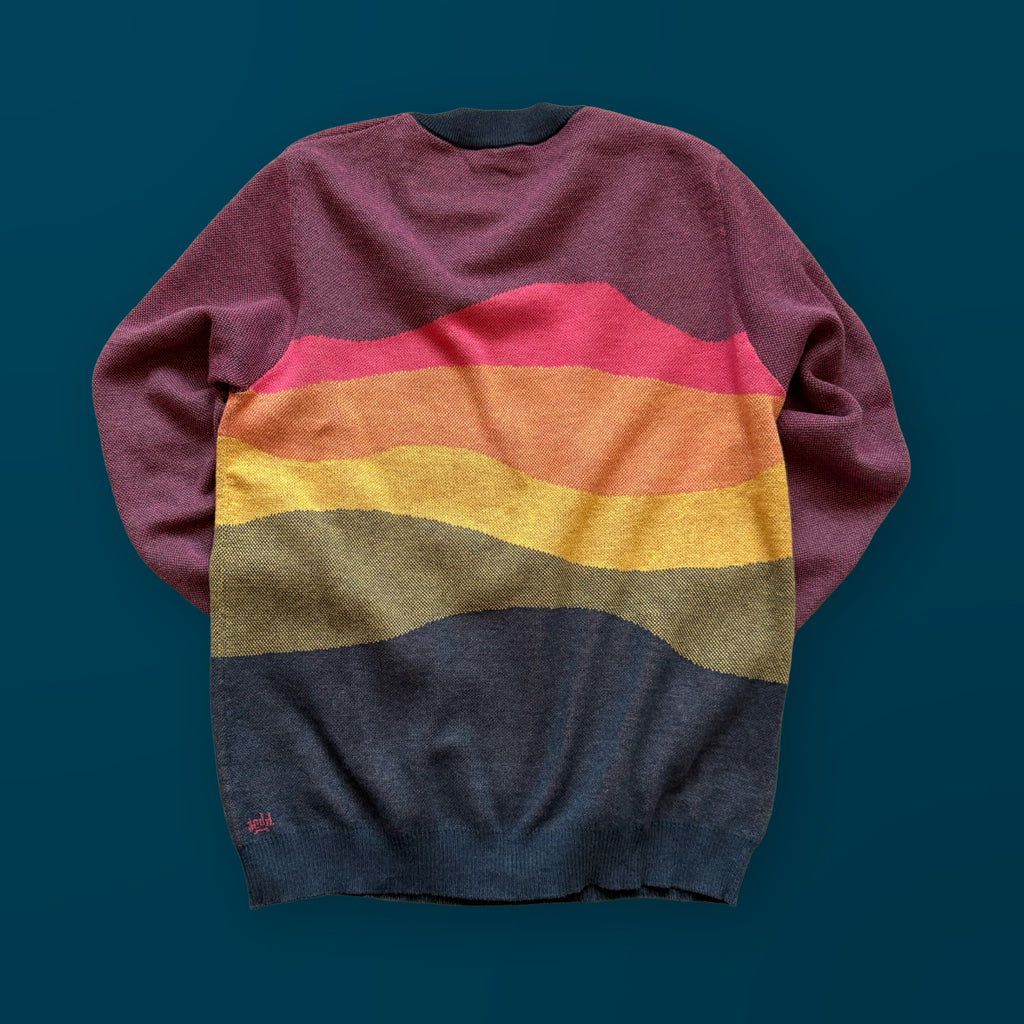 Back view of the Horizons sunset graphic knit sweater by Jedd — original artist-made designer fashion