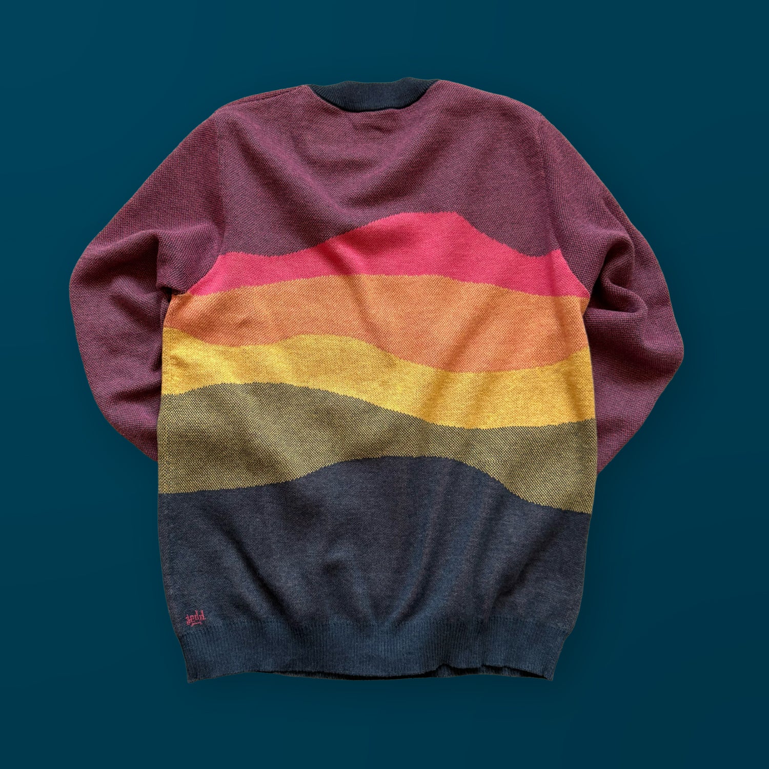 Back view of the Horizons sunset graphic knit sweater by Jedd — original artist-made designer fashion