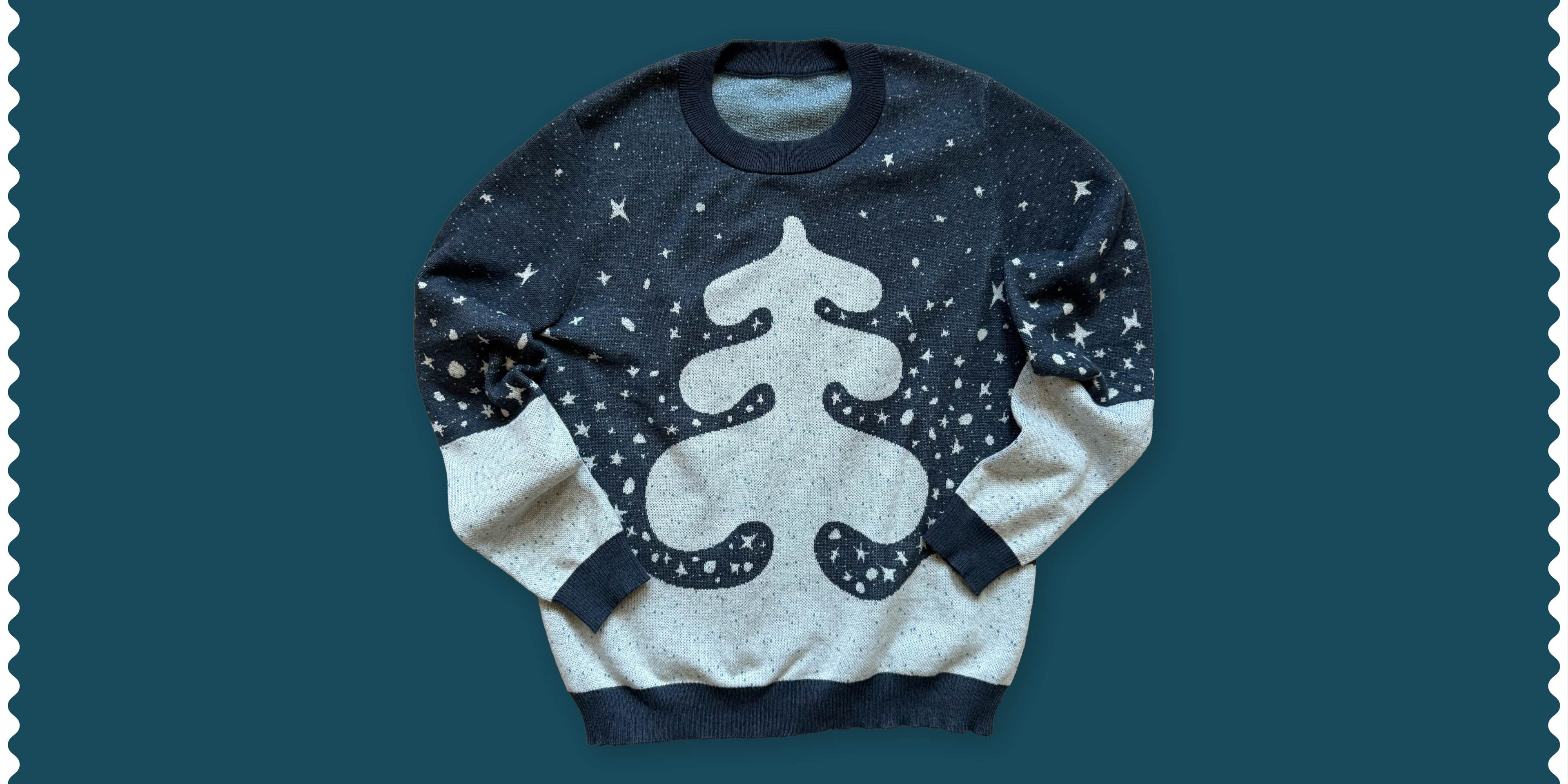 Finished artist-made graphic knit sweater — from Jedd's sketch to your wardrobe