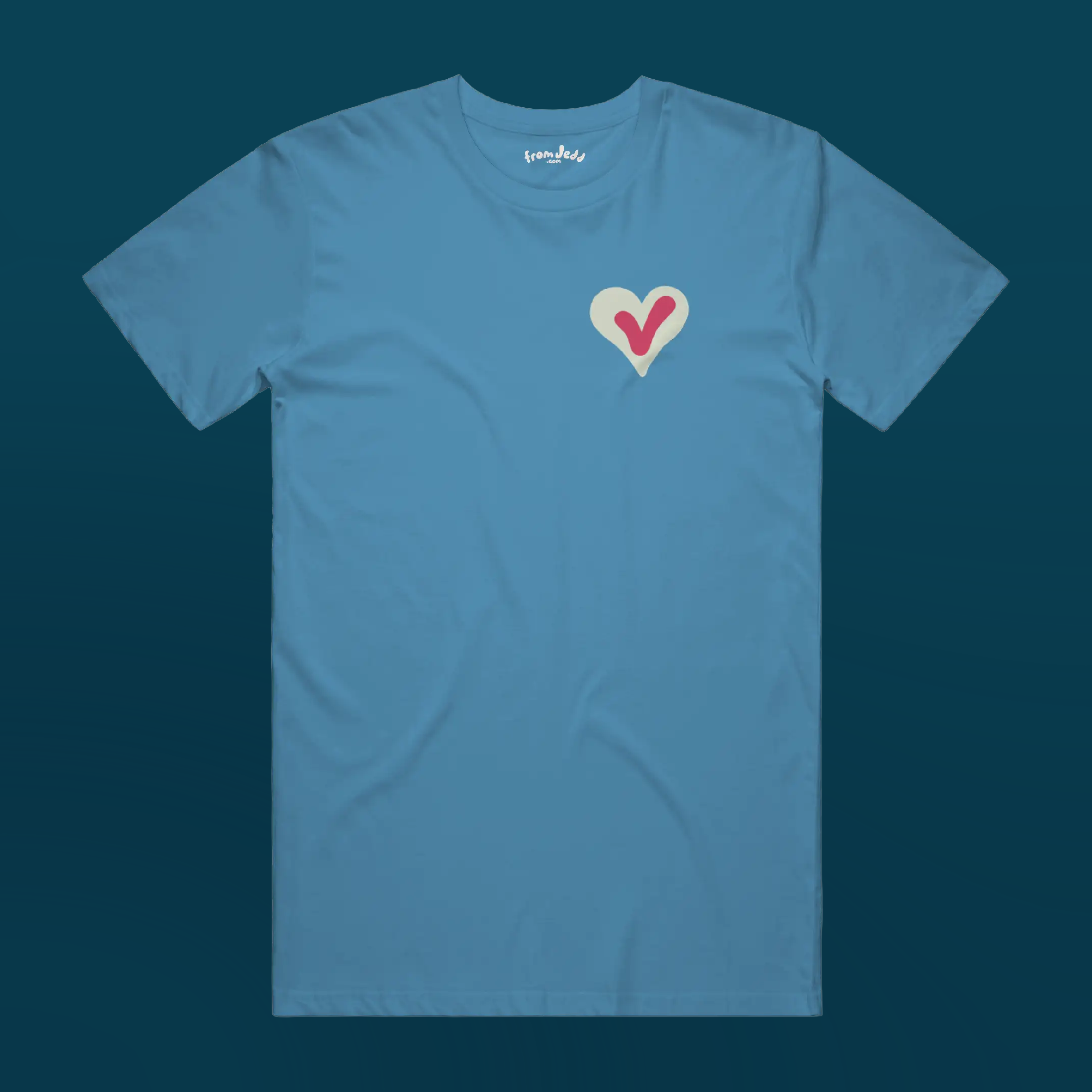 A blue t-shirt with a heart and a voting check mark design